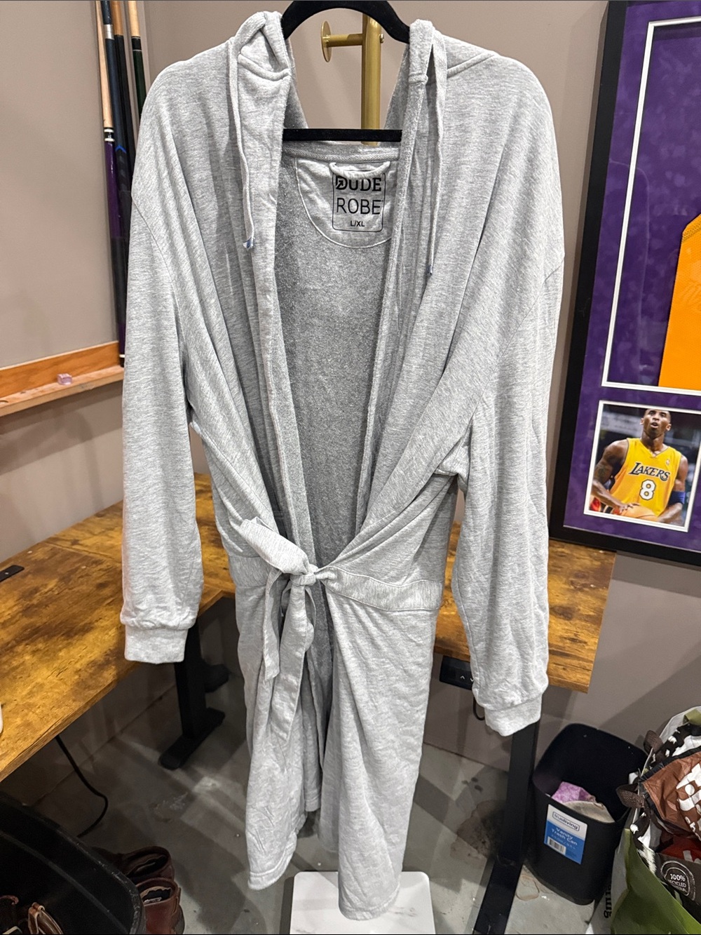 Light Gray Hooded Tie-Waist Men's Robe
